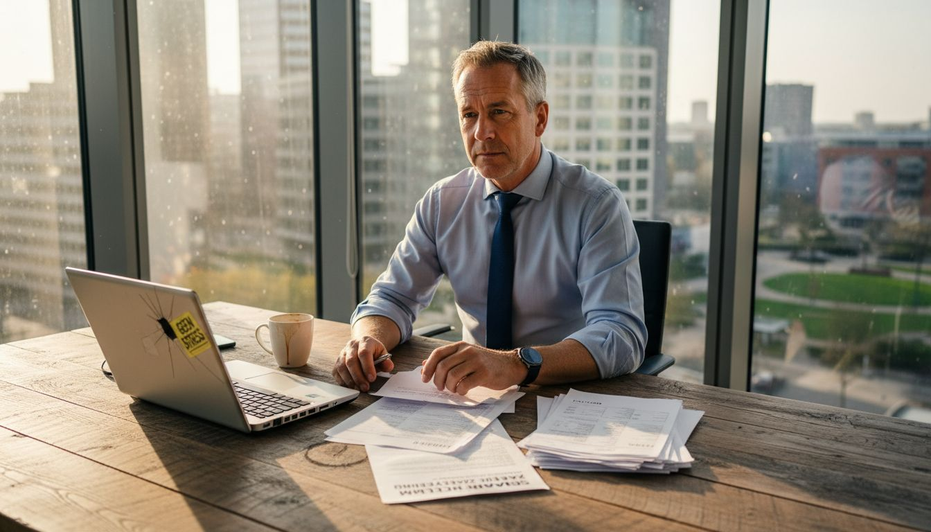 Een ondernemer buigt zich over de schadeformulieren aan zijn bureau.