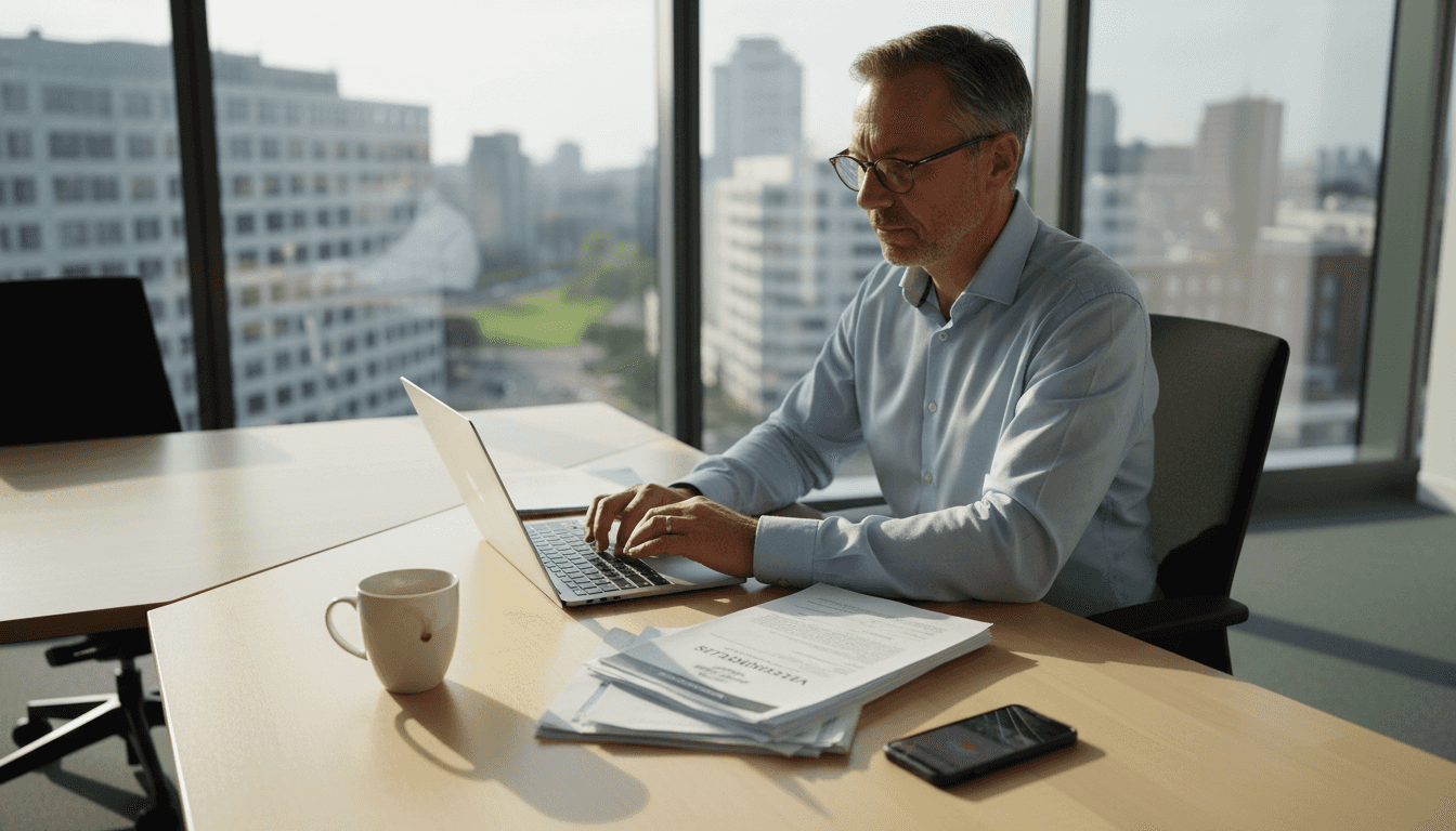Een ondernemer neemt zijn verzekeringspolissen door op het kantoor.