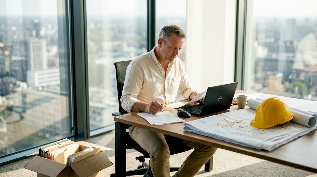 De bouwmanager controleert de verzekeringsdocumenten grondig om te zorgen dat alles in orde is voordat het project van start gaat.