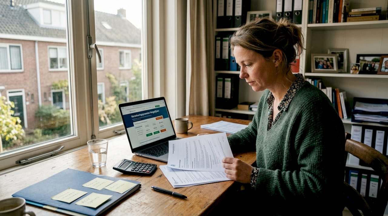 Een ondernemer verdiept zich thuis in zijn verzekeringspapieren.