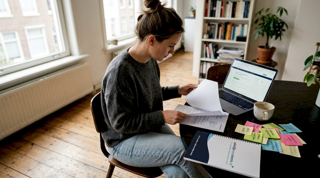Freelancer werkt vanuit huis aan de eettafel, omringd door laptop en stapels papier.