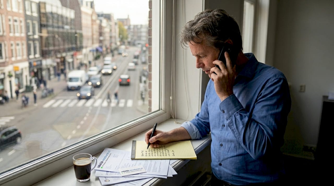 Een ondernemer bekijkt op kantoor zijn verzekeringspolissen om te checken of alles nog goed geregeld is.