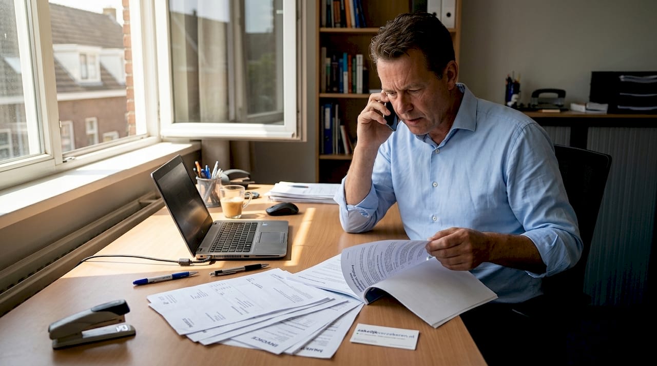 Een mkb-ondernemer neemt aan zijn bureau de aansprakelijkheidsdocumenten zorgvuldig door.