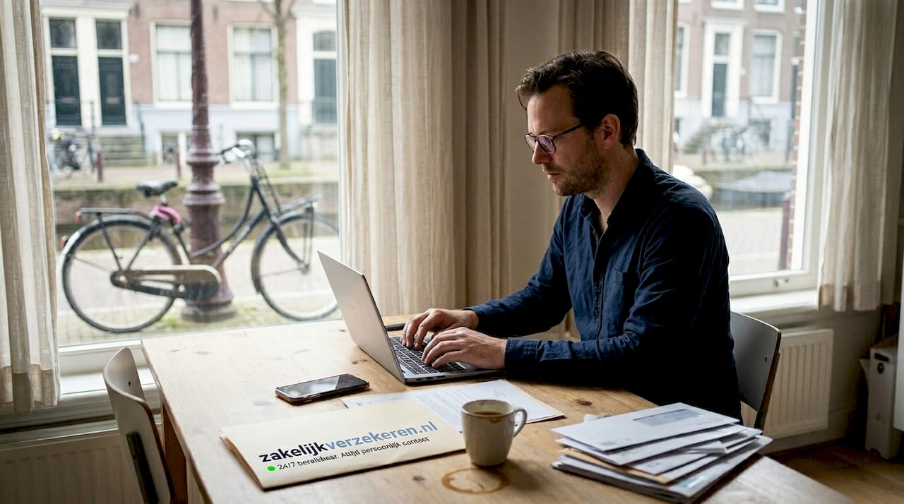 Zelfstandige werkt vanuit huis aan dossiers rond aansprakelijkheid