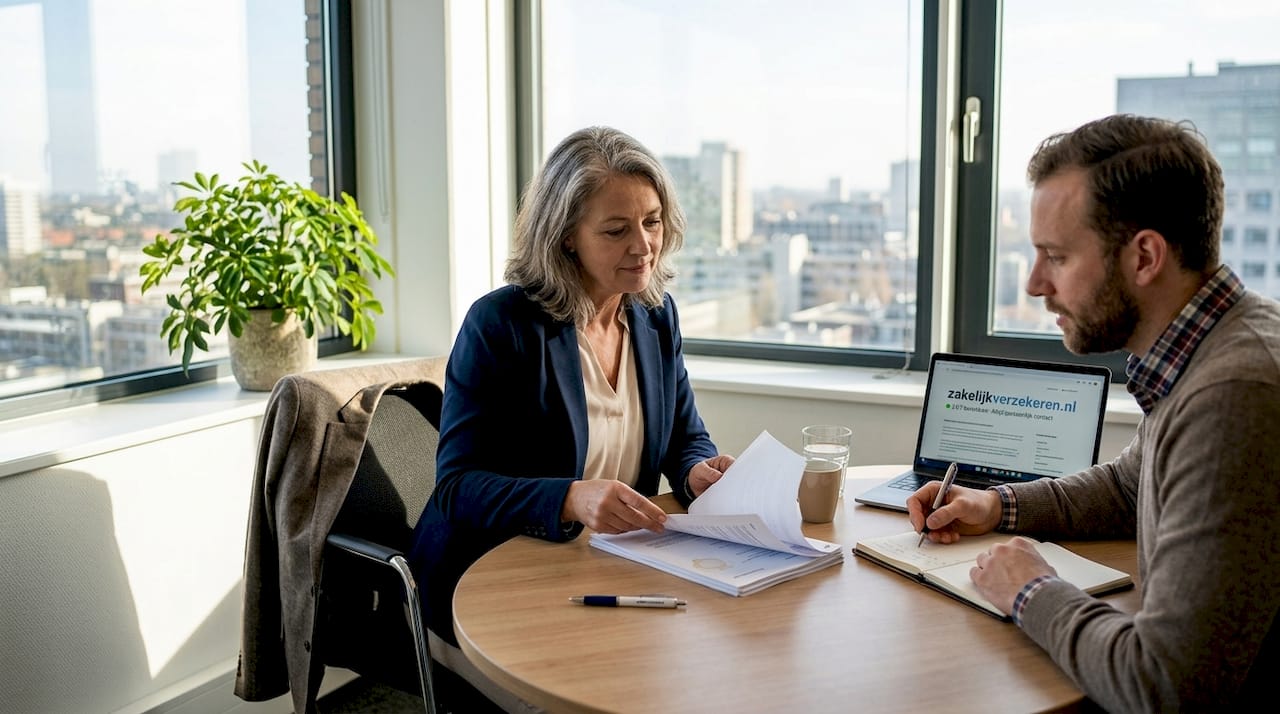 Een adviseur neemt samen met een ondernemer de verschillende verzekeringsmogelijkheden door.