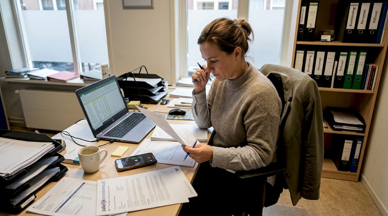 Zakenvrouw verdiept zich op kantoor in haar verzekeringspapieren.