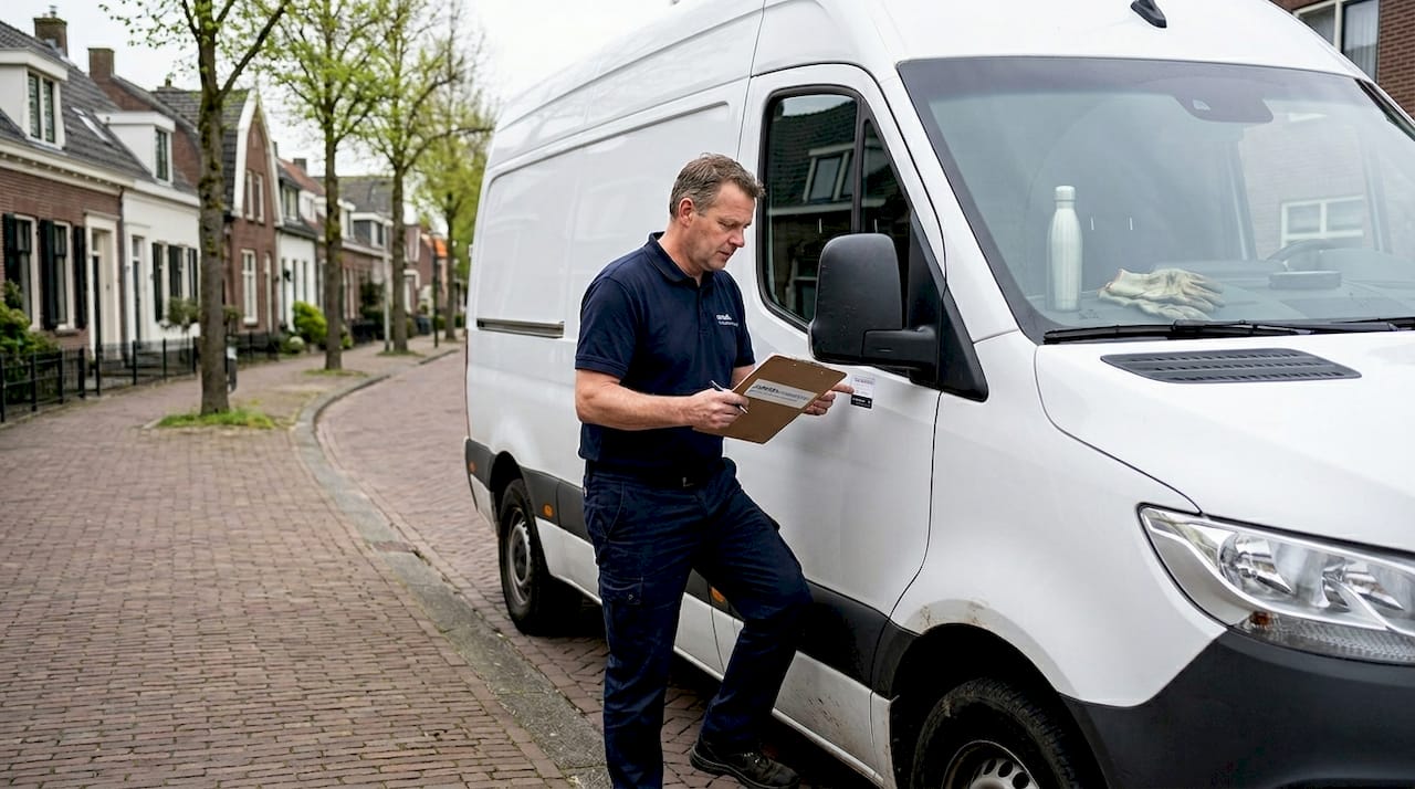 Een Nederlandse ondernemer controleert de verzekeringspapieren van zijn bestelbus.