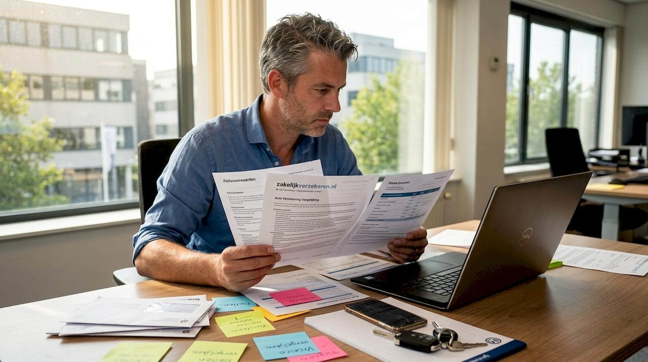 Een man zit aan zijn bureau en bekijkt zijn autoverzekering.