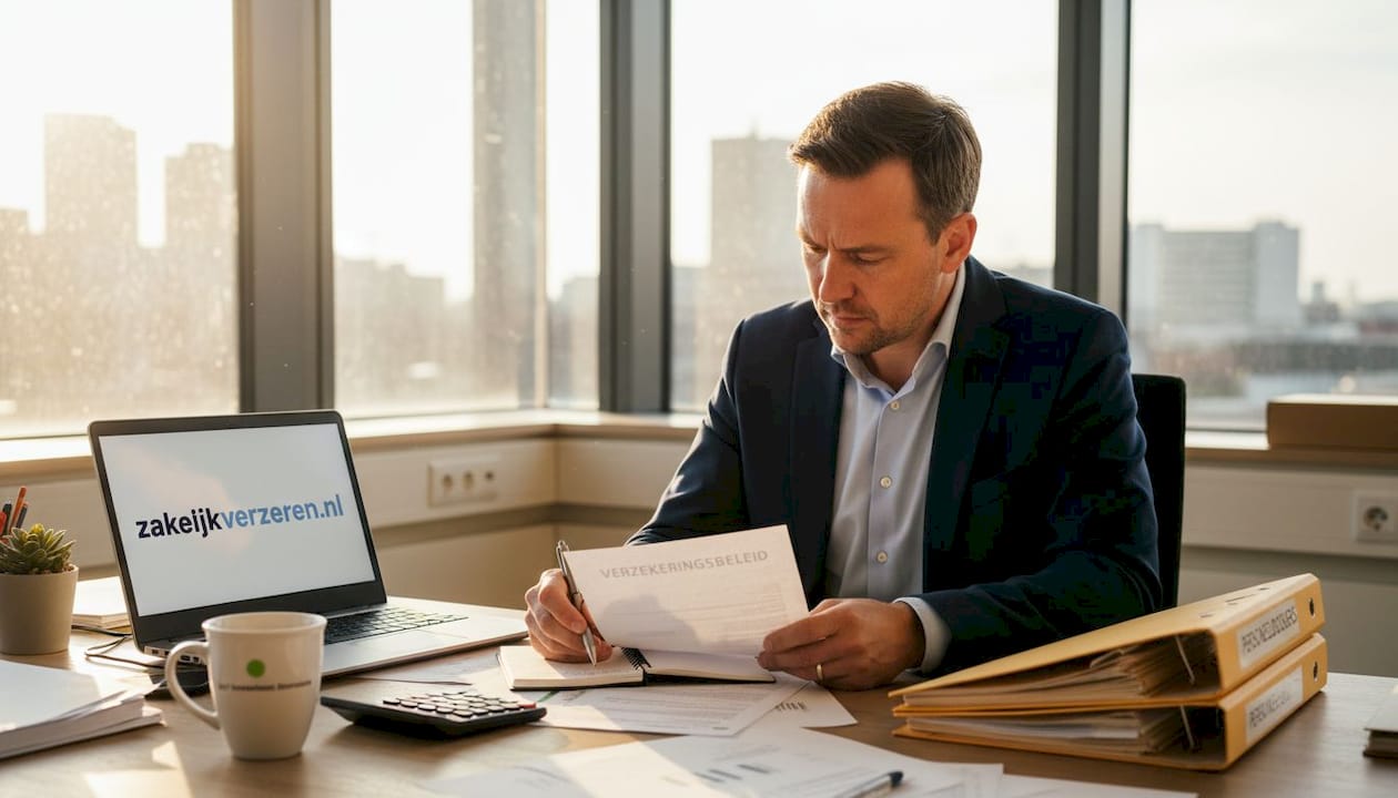 Een ondernemer neemt zijn verzekeringspolissen zorgvuldig door.