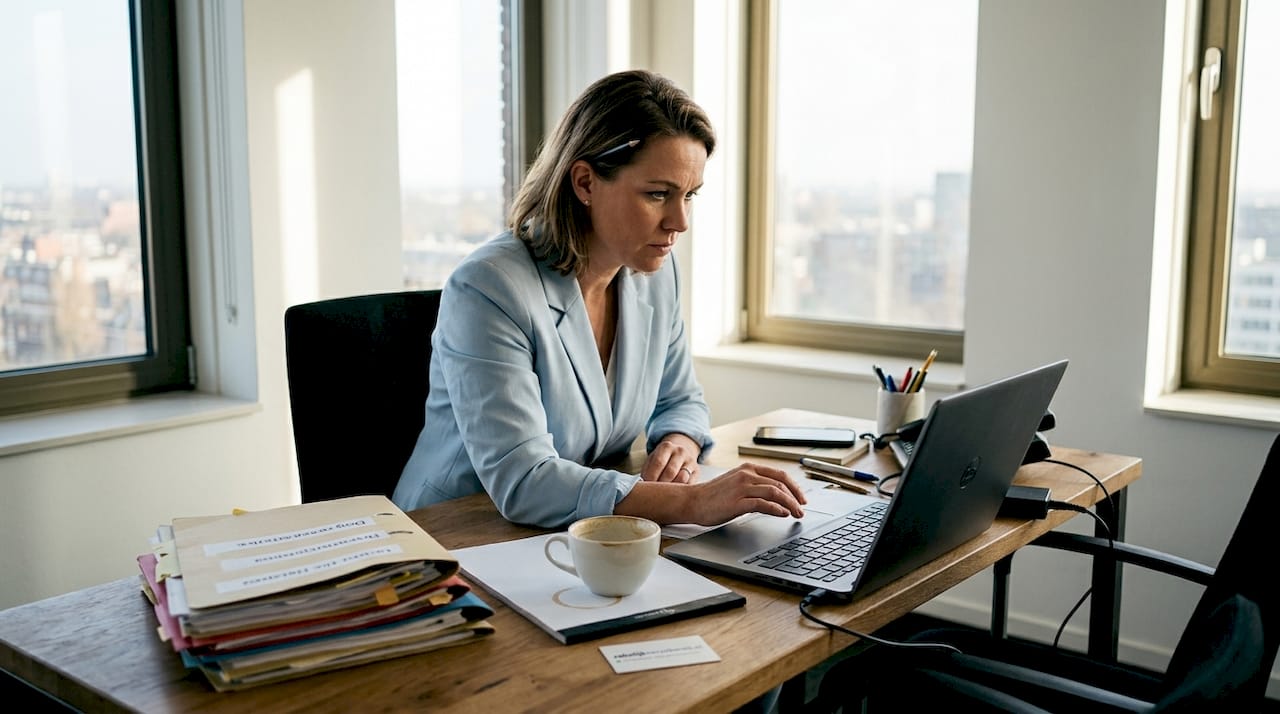 Een zakenvrouw bekijkt zorgvuldig de verschillende risico's en verzekeringsmogelijkheden om haar onderneming goed te beschermen.