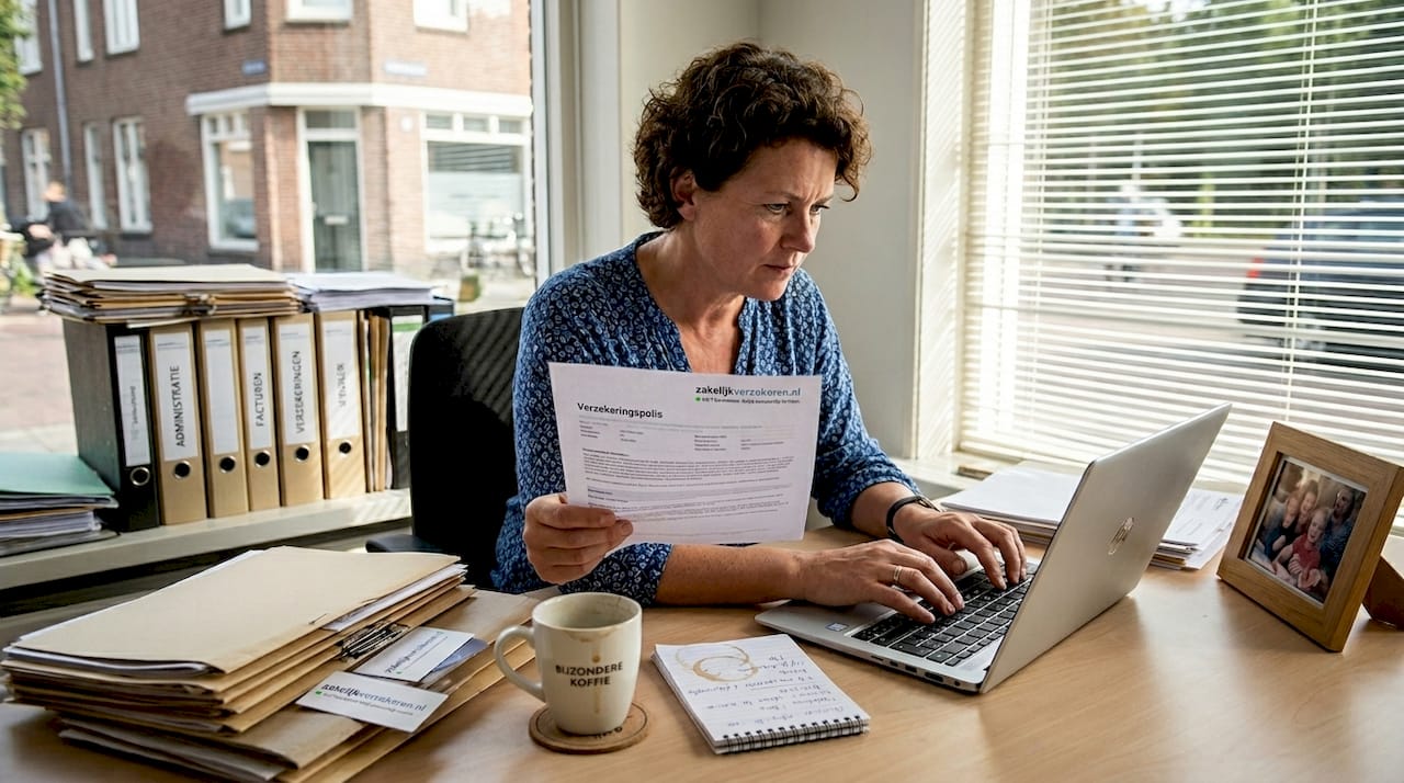 Een mkb-ondernemer neemt aan zijn bureau rustig de tijd om zijn verzekeringspolis door te nemen.