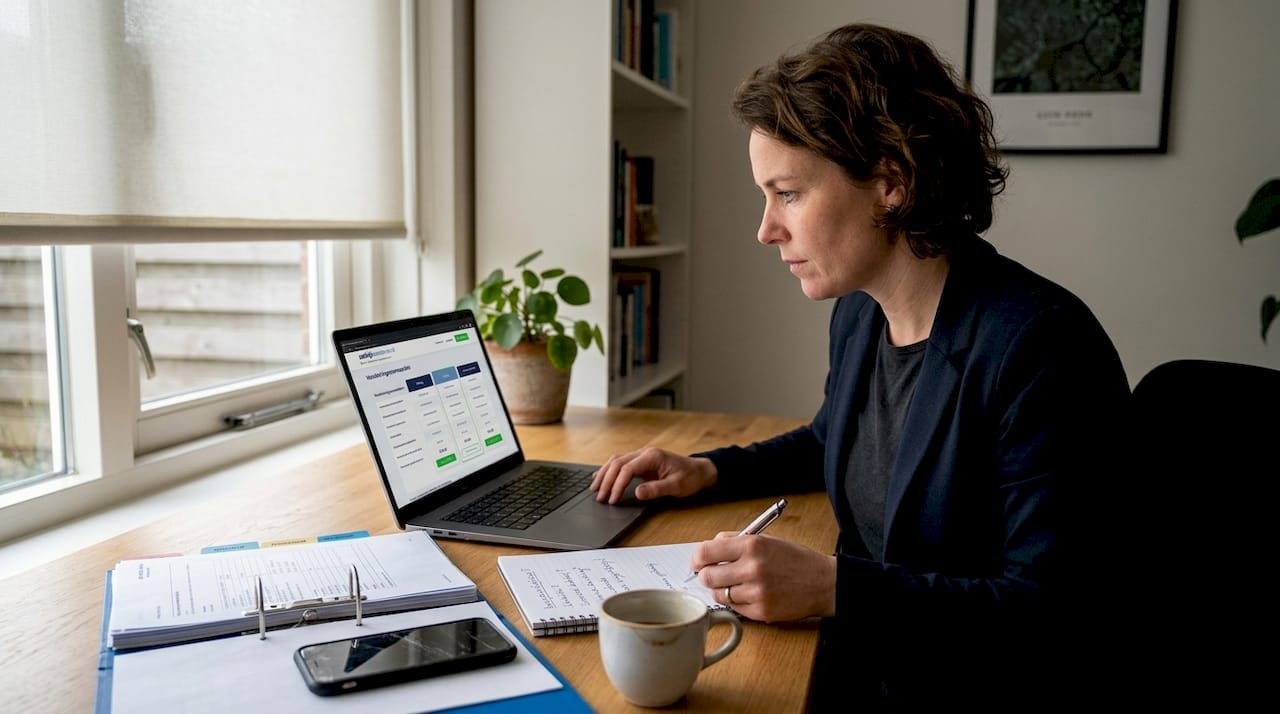 Ondernemer verdiept zich aan zijn bureau in verschillende verzekeringsmogelijkheden