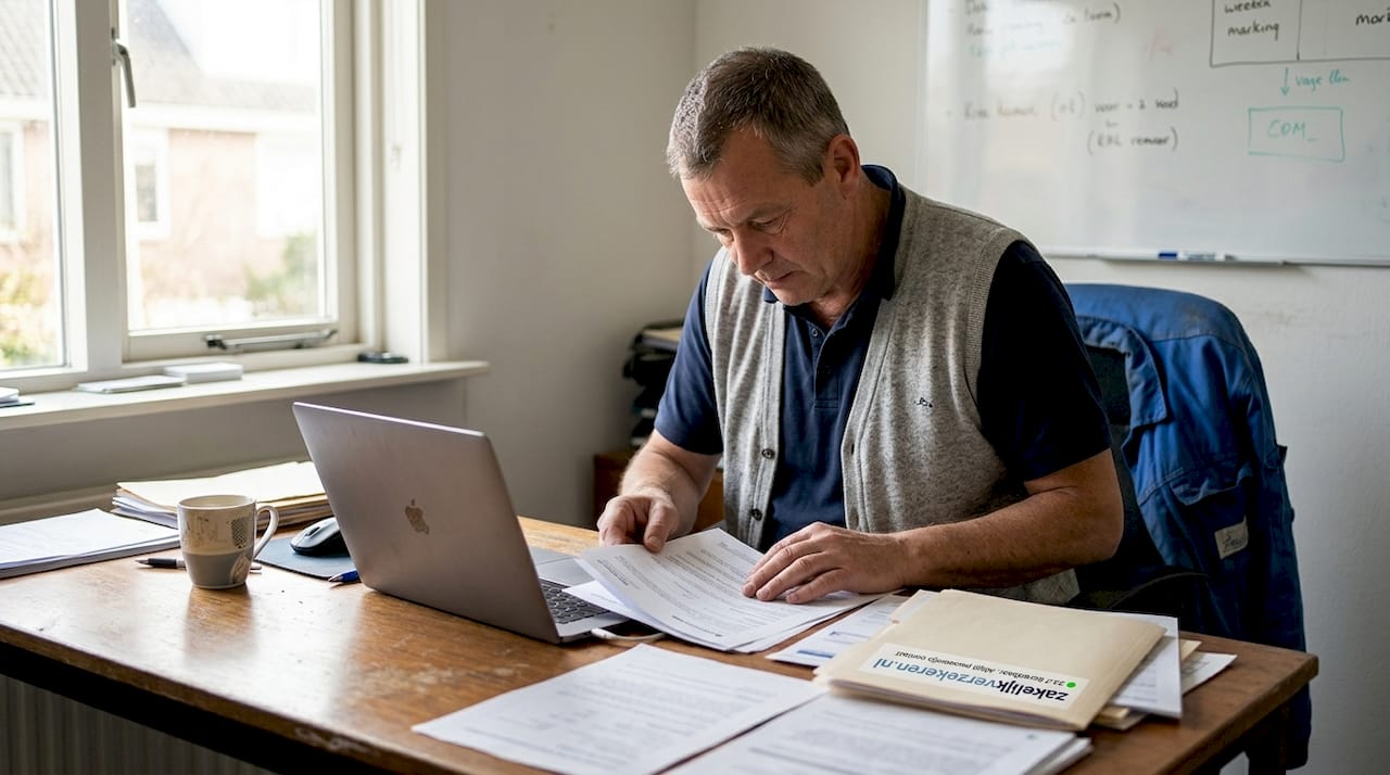 Man verdiept zich achter zijn bureau in een vrachtwagenverzekering