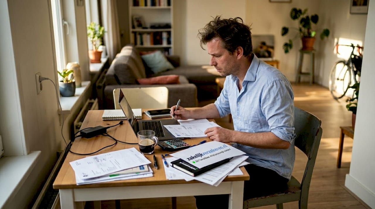 Zelfstandige werkt vanuit huis aan aanvraag voor inkomensverzekering