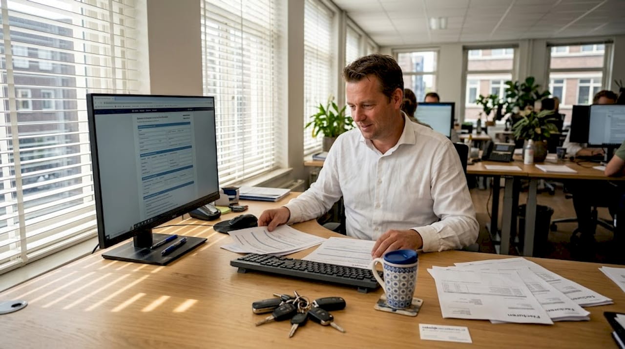 Op kantoor buigt de wagenparkbeheerder zich over verschillende autoverzekeringen om de beste keuze te maken.