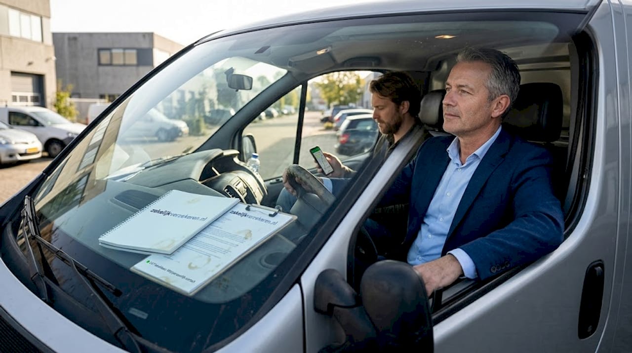 Twee collega's zitten samen in een bedrijfswagen, geparkeerd op een rustig plekje.