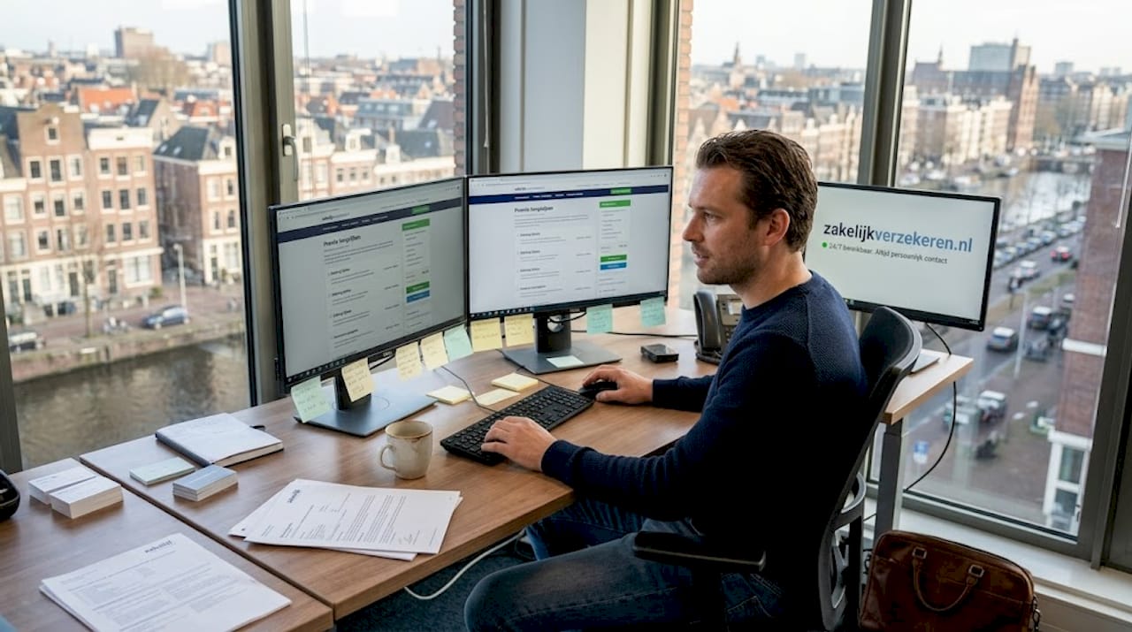 Man vergelijkt zakelijke verzekeringen op kantoor in de IT-sector