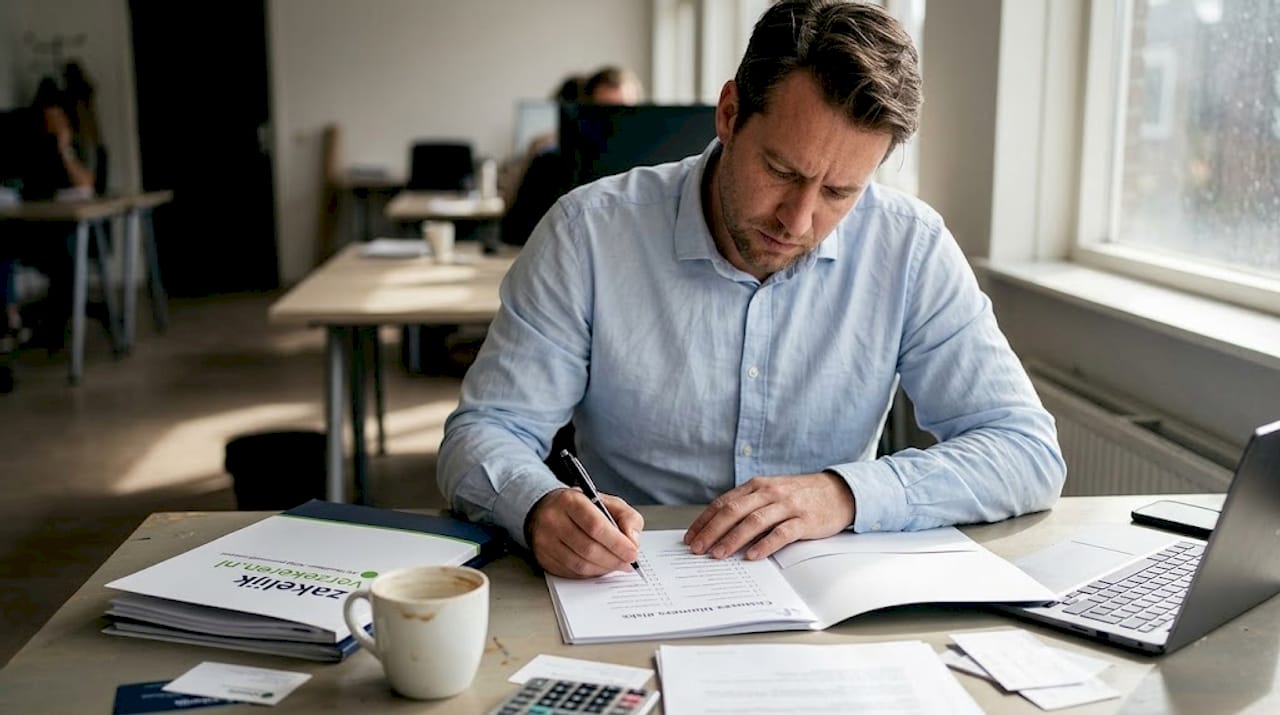 Een ondernemer legt risicoanalyses en verzekeringsdocumenten naast elkaar aan zijn bureau om alles goed door te nemen.