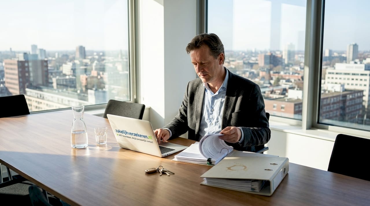 Een ondernemer zit aan zijn bureau en verdiept zich in de mogelijkheden voor een zakelijke verzekering.
