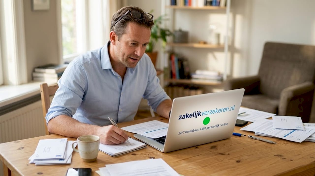 Zelfstandig ondernemer neemt verzekeringsdocumenten door aan de keukentafel