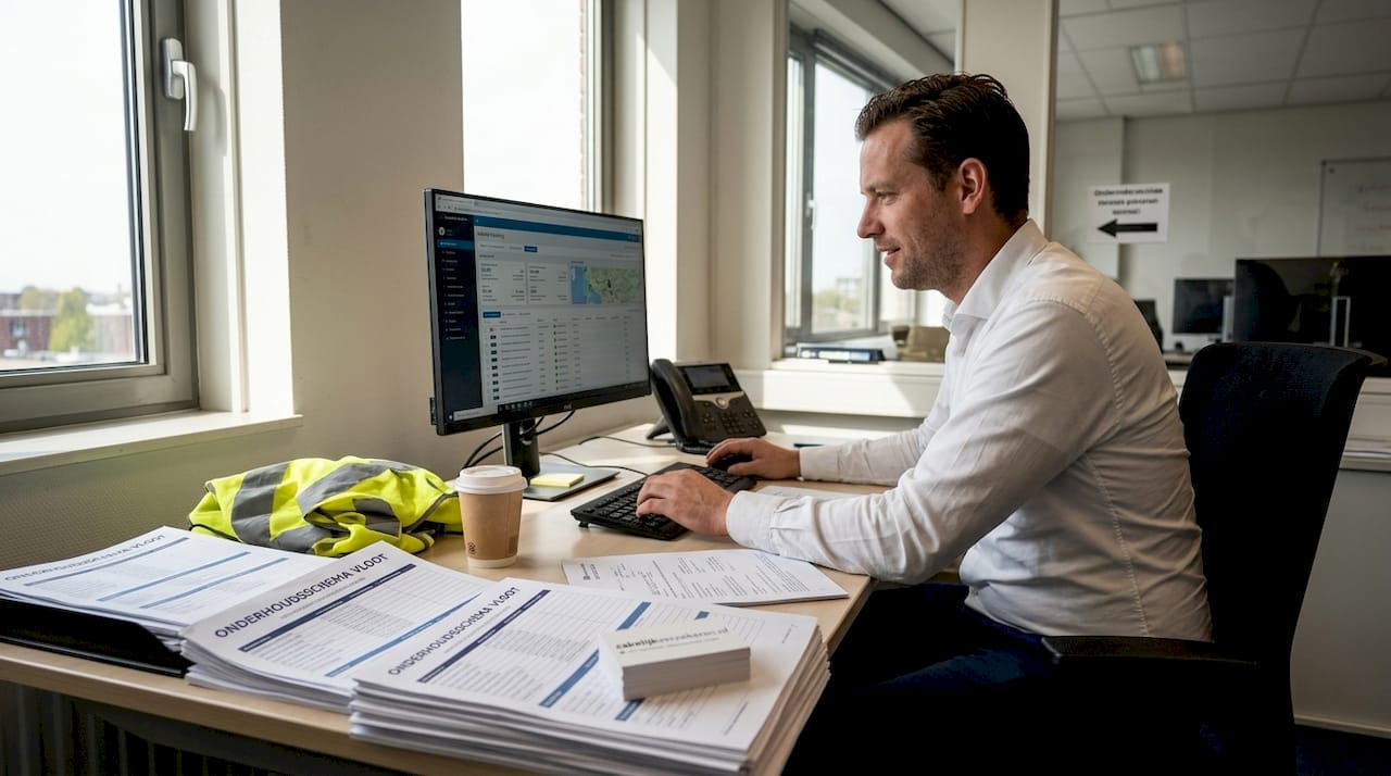 Aan een drukke bureautafel kijkt de fleetmanager aandachtig de cijfers en rapporten door.
