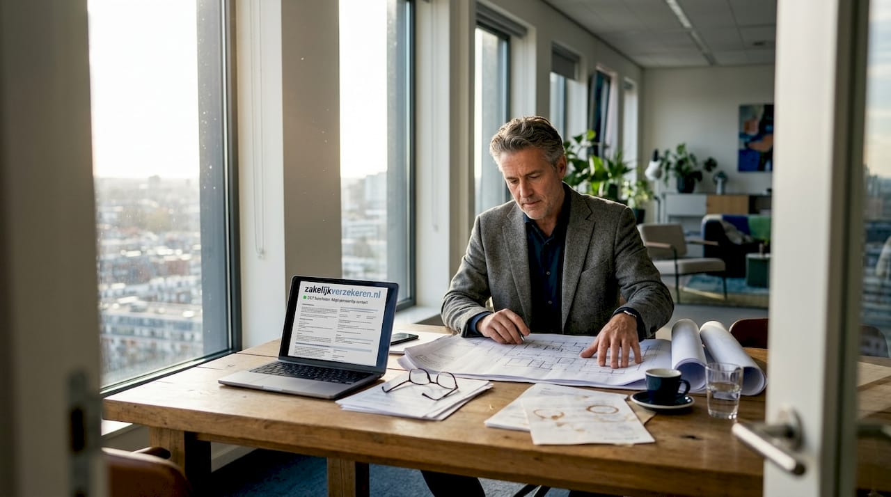 Ondernemer verdiept zich in bouwtekeningen voor vastgoedproject