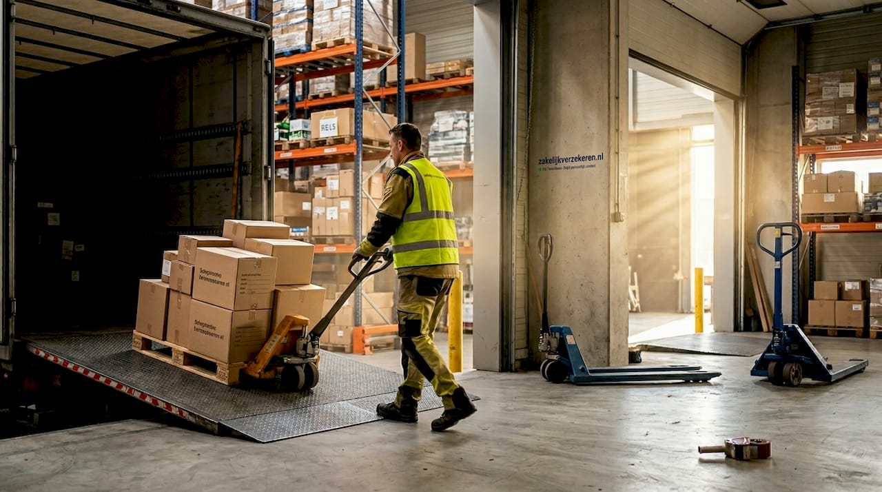 Een magazijnmedewerker is bezig met het lossen van een vrachtwagen.