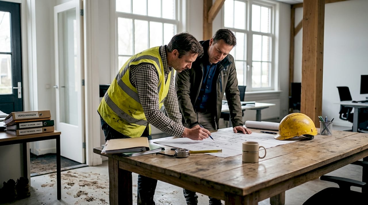 De architect en de projectleider stemmen samen de bouwplannen af bij de tekeningen.