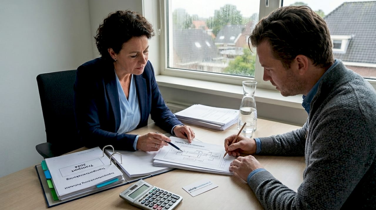 Een adviseur neemt samen met de klant de mogelijkheden van een transportverzekering door.