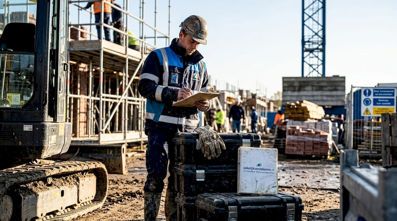 Op de bouwplaats loopt een medewerker de lijst met materialen na.