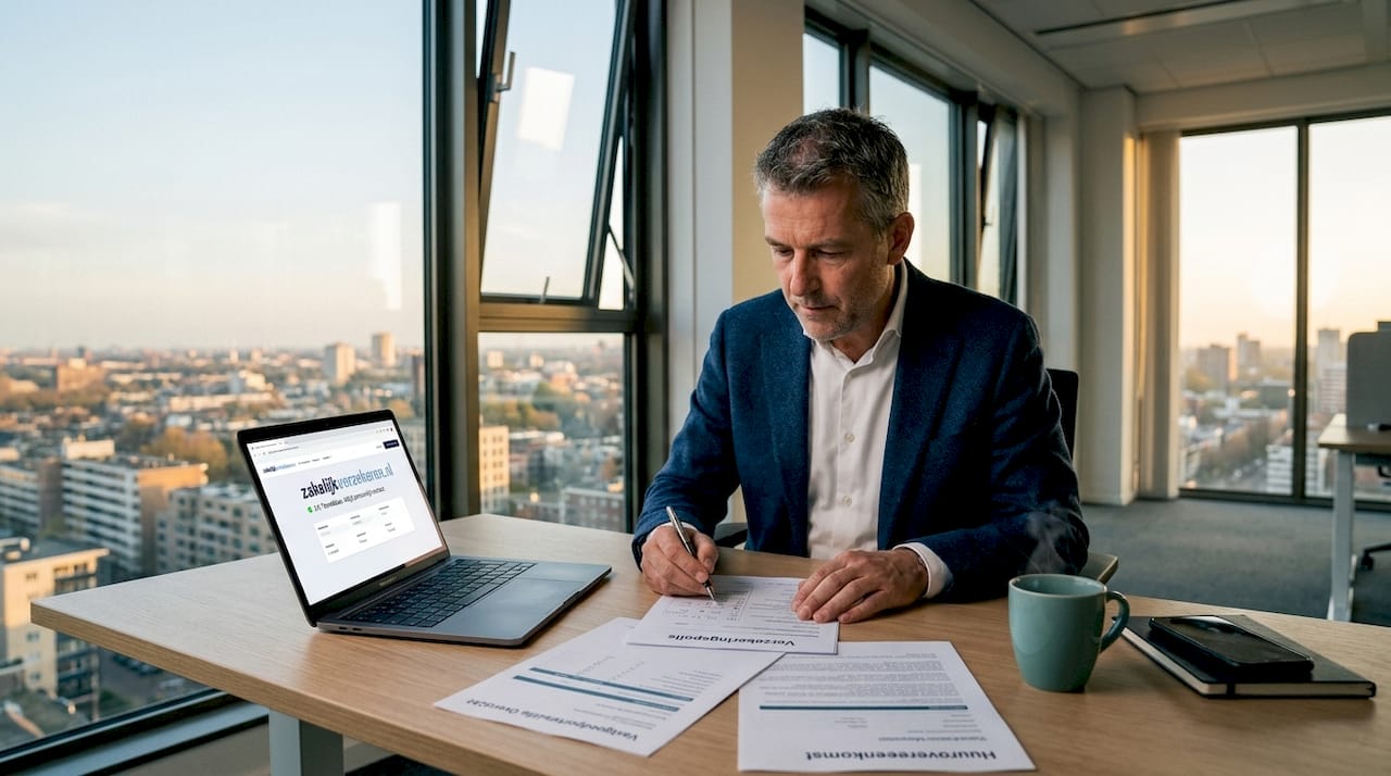 De verhuurder neemt op kantoor de verzekeringspapieren door.