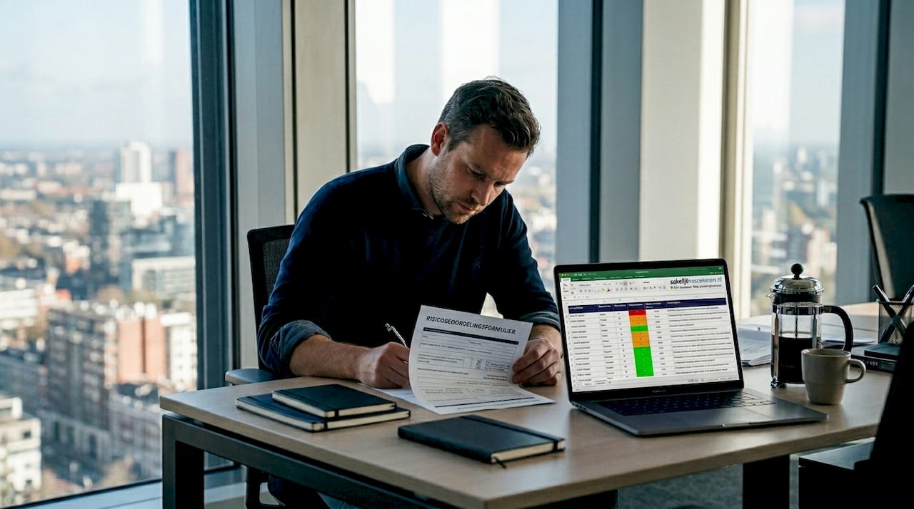 Een IT-consultant loopt op kantoor de risicodocumenten zorgvuldig door.