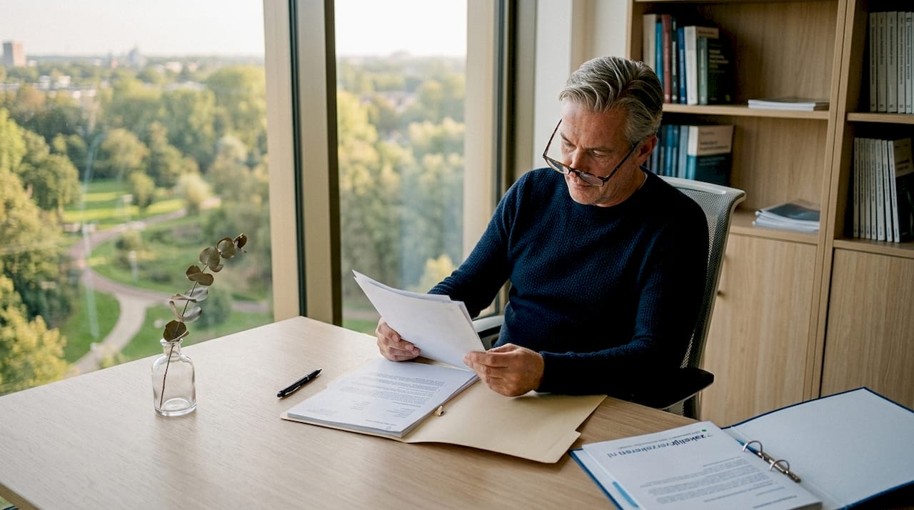 Vastgoedbelegger verdiept zich in verzekeringspolissen aan zijn bureau