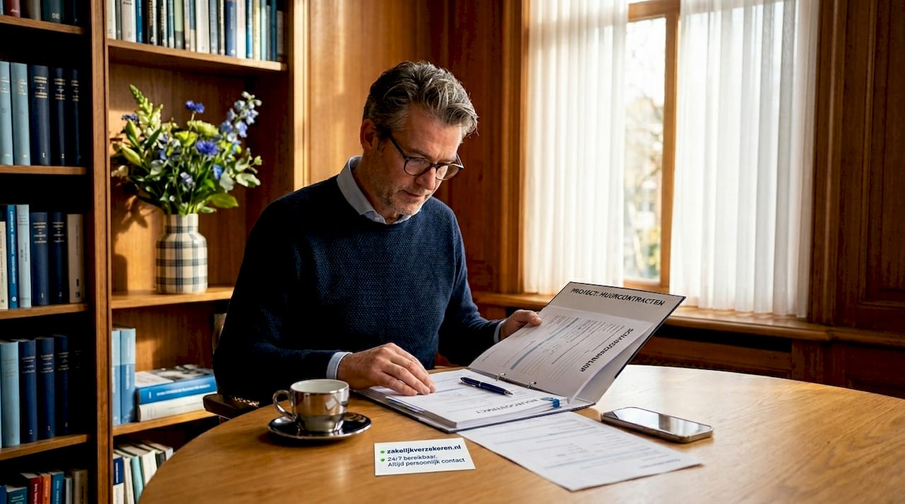 De verhuurder bekijkt de papieren aan de eettafel in de woonkamer.