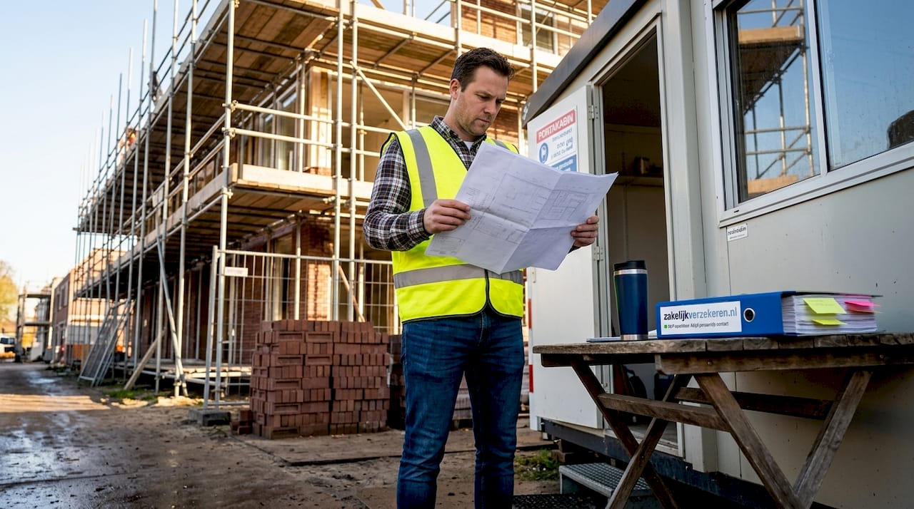 De projectmanager loopt de bouwtekeningen nog eens goed na in de bouwkeet.