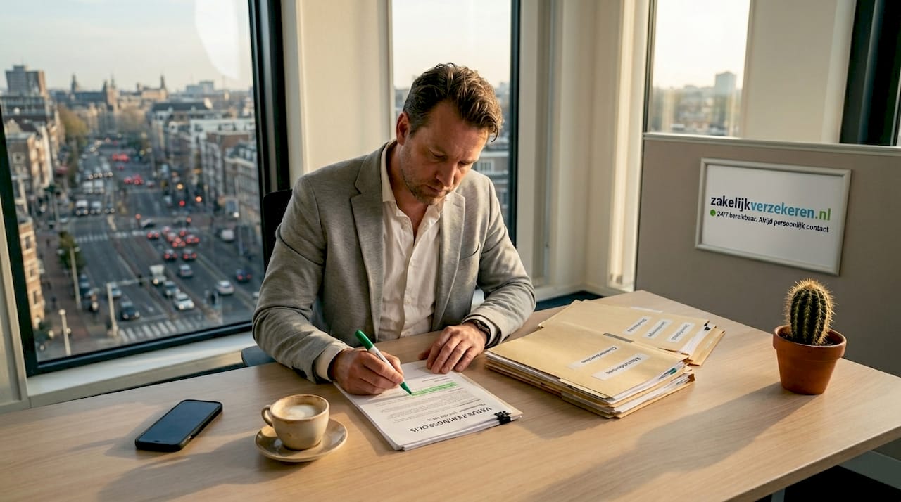 Een ondernemer bekijkt en markeert zijn verzekeringspolis terwijl hij achter zijn bureau zit.