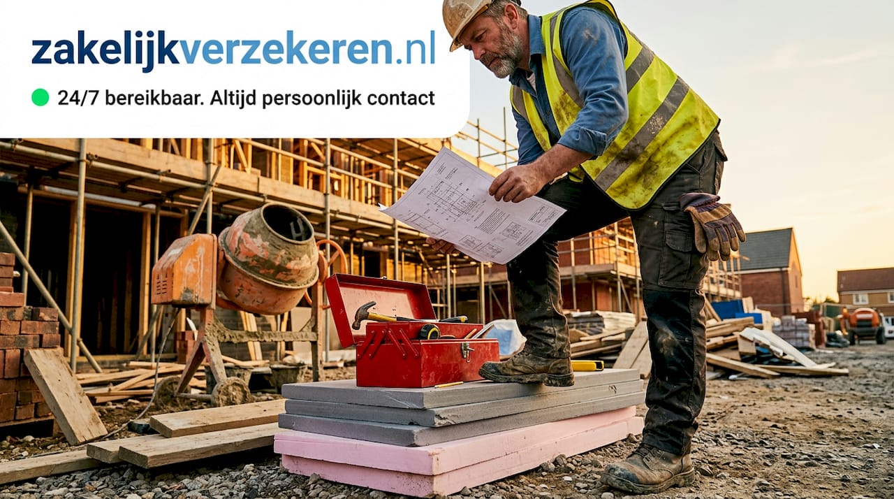 Aannemer bekijkt bouwtekeningen op de bouwplaats