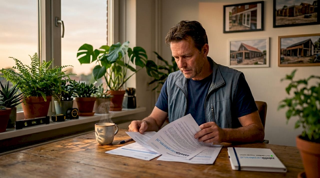 Een onderaannemer kijkt op kantoor de verzekeringspapieren zorgvuldig na.
