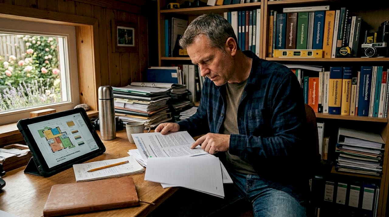 Een aannemer zit aan zijn bureau en neemt de bouwpolis zorgvuldig door.