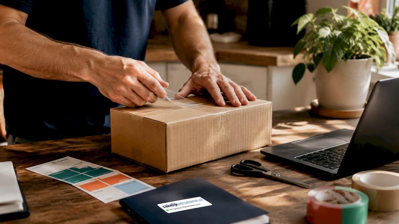 Handen maken een foto van een dichtgeseald pakketje van een webshop.