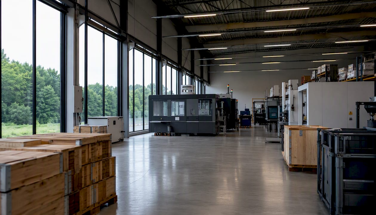 Een magazijn vol machines en opgeslagen goederen.