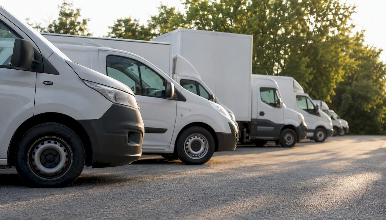 Op een parkeerterrein staan verschillende bedrijfswagens geparkeerd.