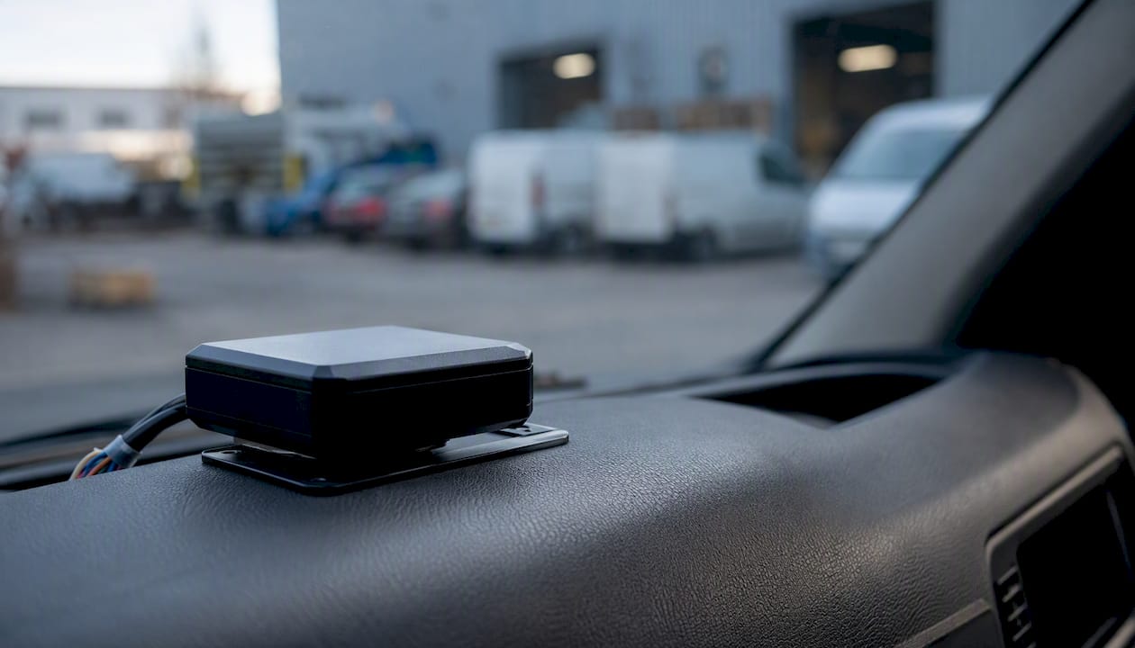Een GPS-tracker die op het dashboard van de auto is geplaatst.