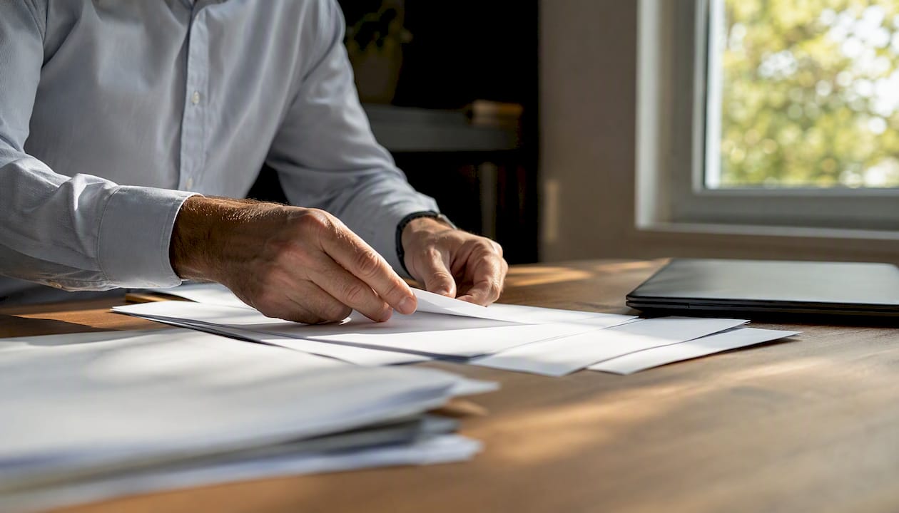 Een paar handen die verzekeringspapieren en financiële documenten uitzoeken en ordenen.