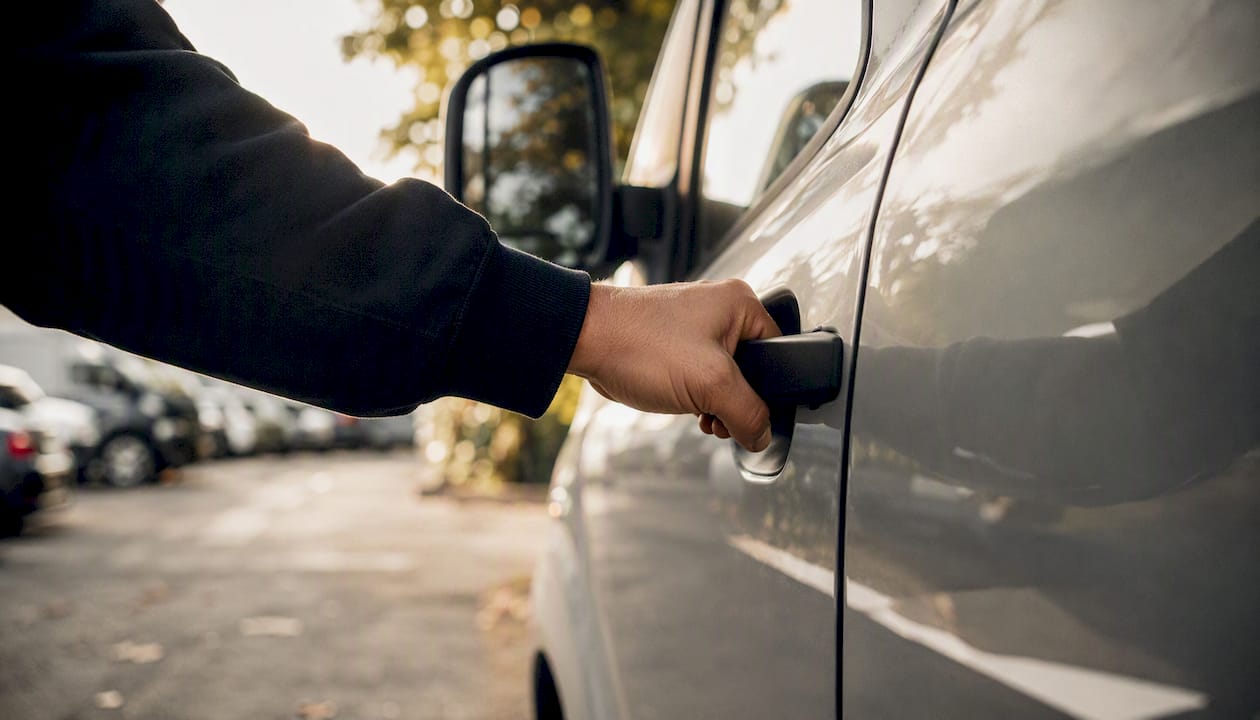 Een hand die het portier van een bedrijfsauto opent