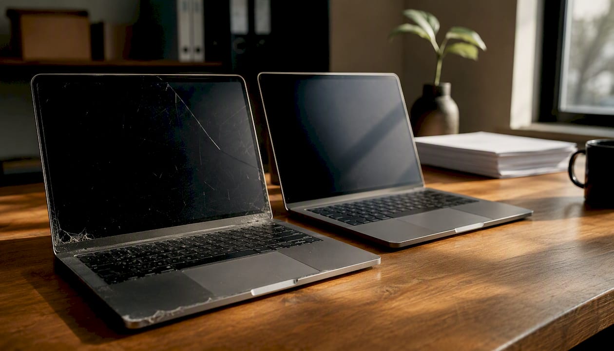 Detailopname van zowel beschadigde als onbeschadigde laptops