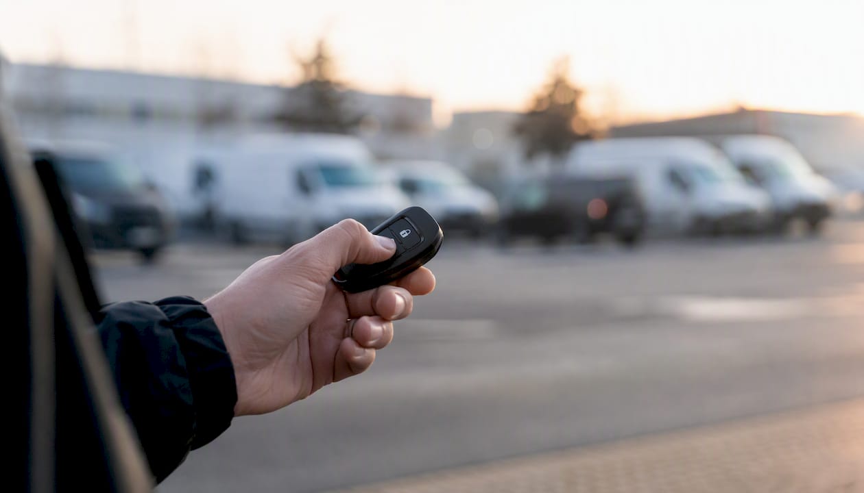 Een hand houdt een autosleutel vast bij een rij bedrijfswagens.