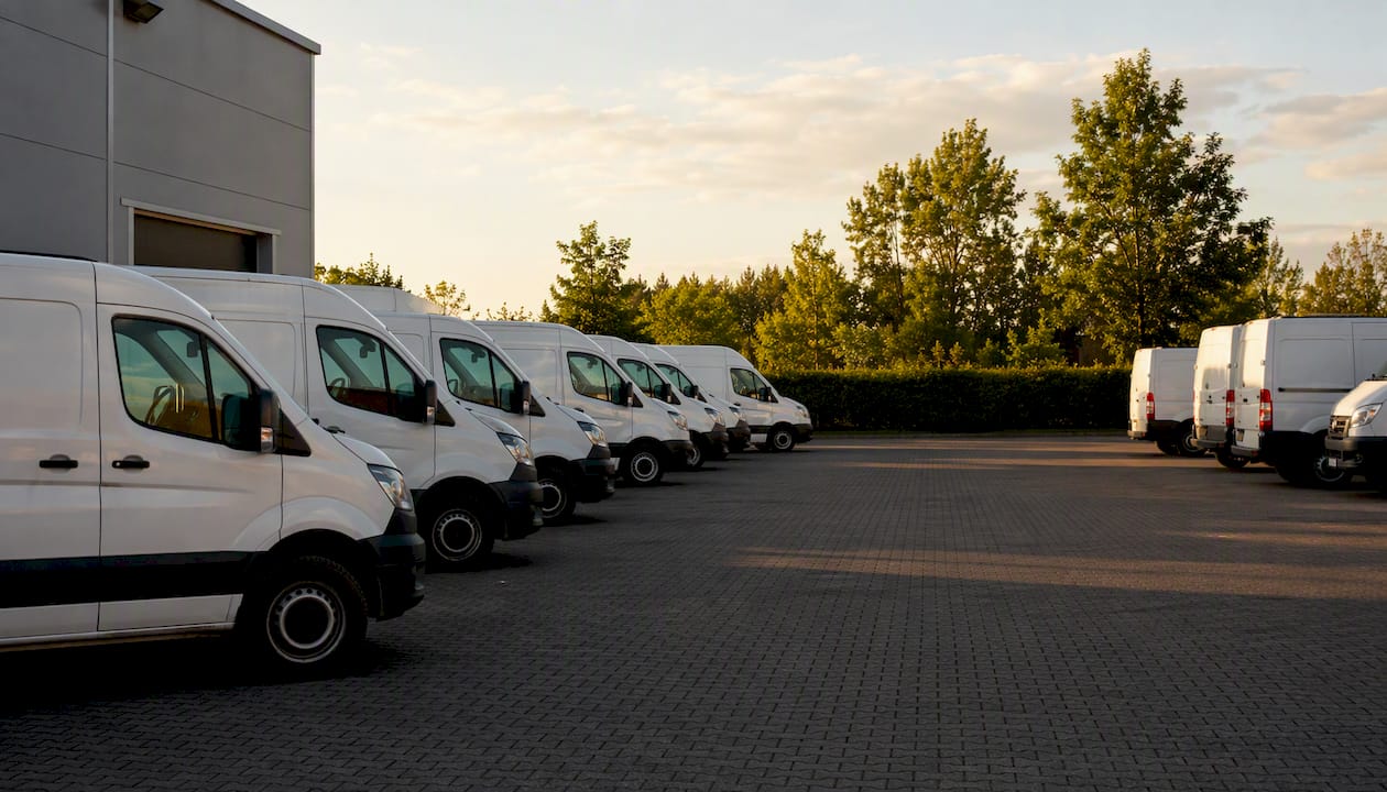 Een rij bedrijfsbusjes geparkeerd op het terrein
