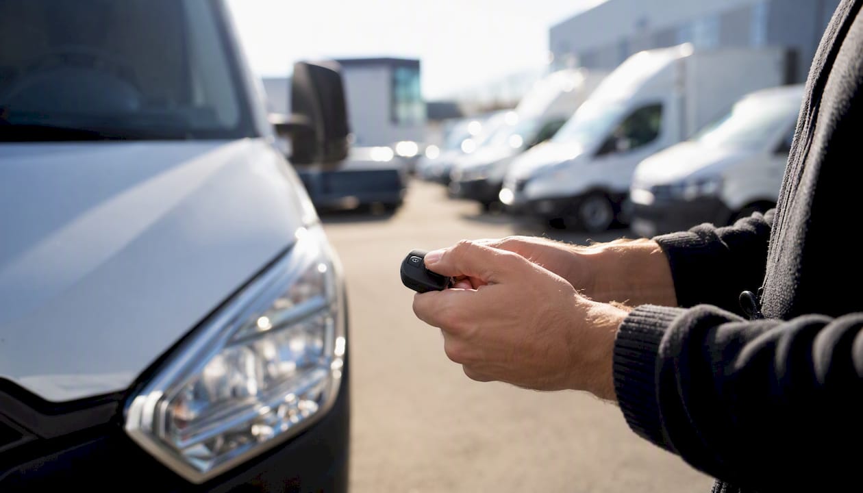 Een chauffeur sluit zijn bedrijfswagen af met de afstandsbediening.