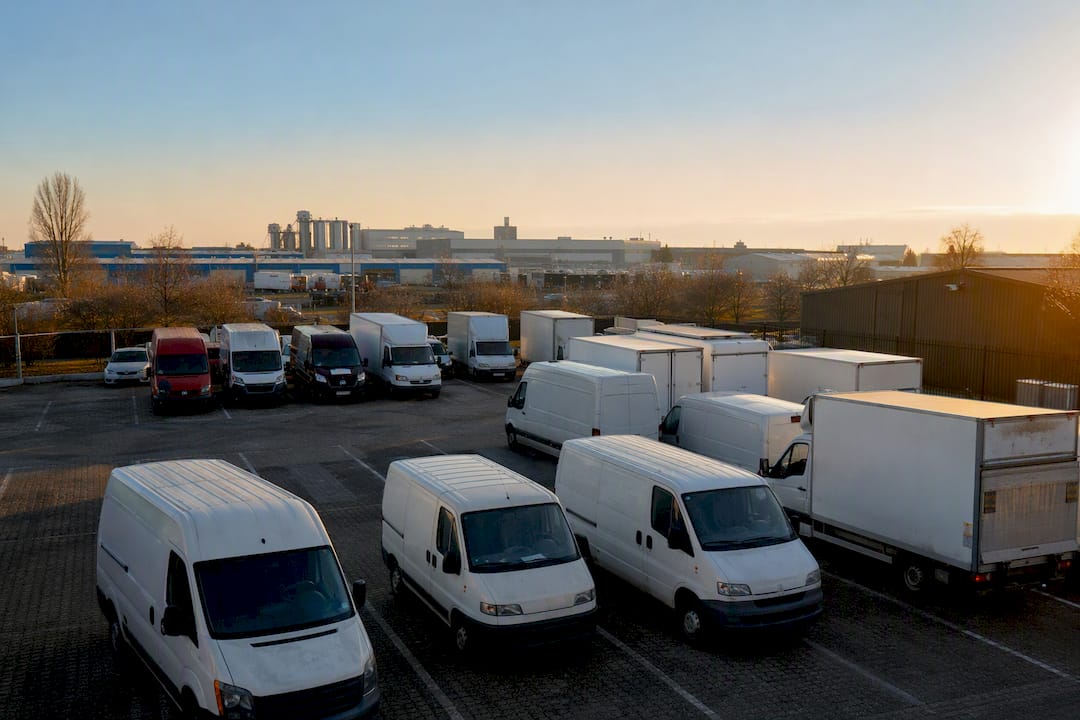 Detailopname van geparkeerde bedrijfsbusjes waarvan de belettering niet zichtbaar is